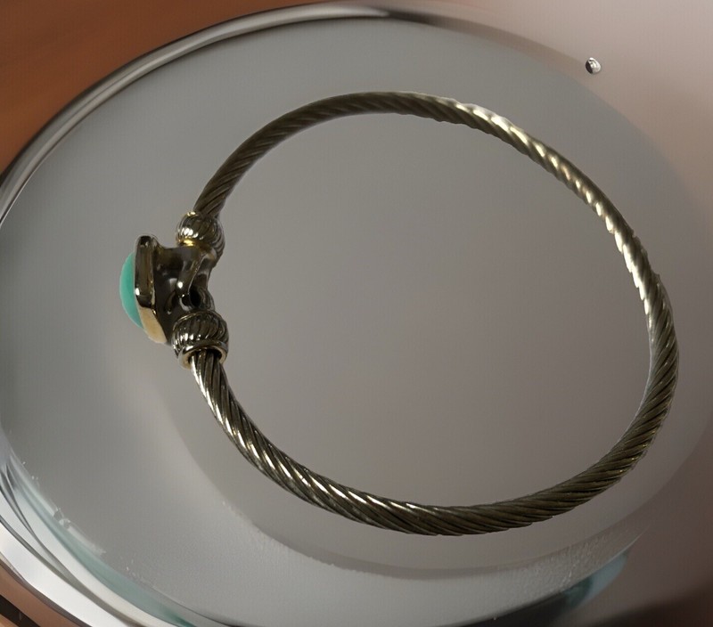 Threaded Bangle Square 3/8” Aqua Stone Hook Closure Twisted Cable Easy On & Off gallery