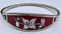 VINTAGE SILVER ALPACA MEXICO MOTHER PEARL ABALONE SHELL INLAY HINGED BRACELET