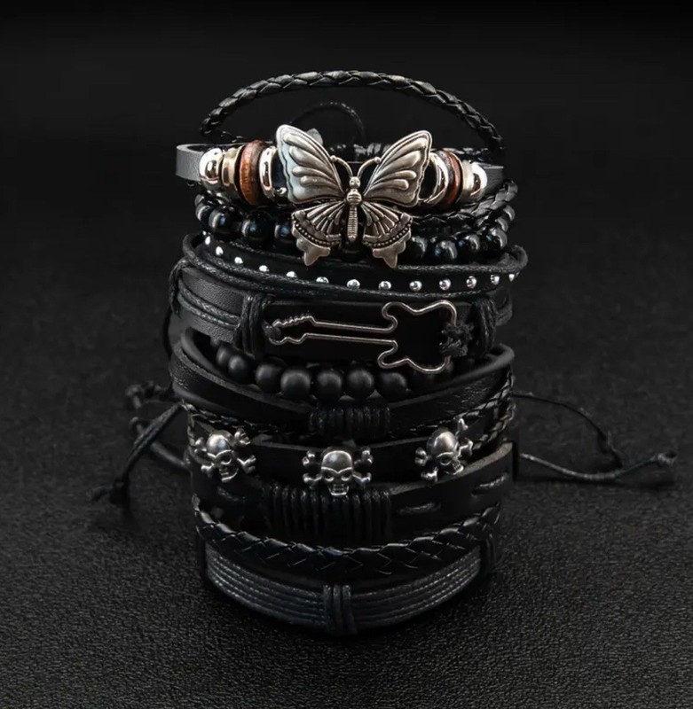 Women’s Gothic Punk Skull Bracelet Set Adjustable Black Skater Unisex Grunge gallery
