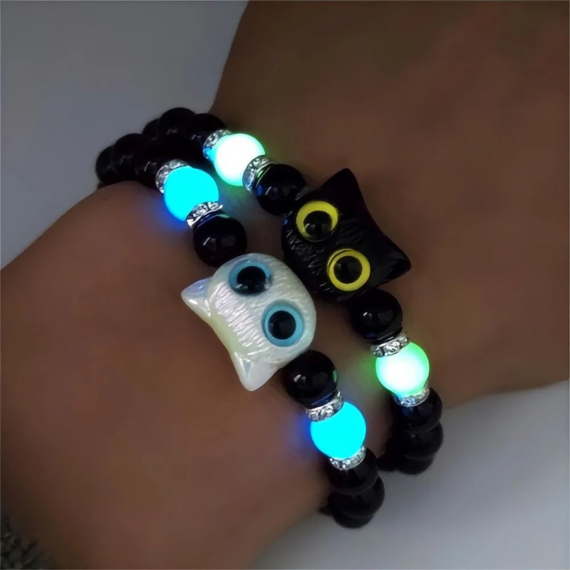 White Luminous Beads Fashion Couple Bracelets Matching Charm for Women Men Cat gallery