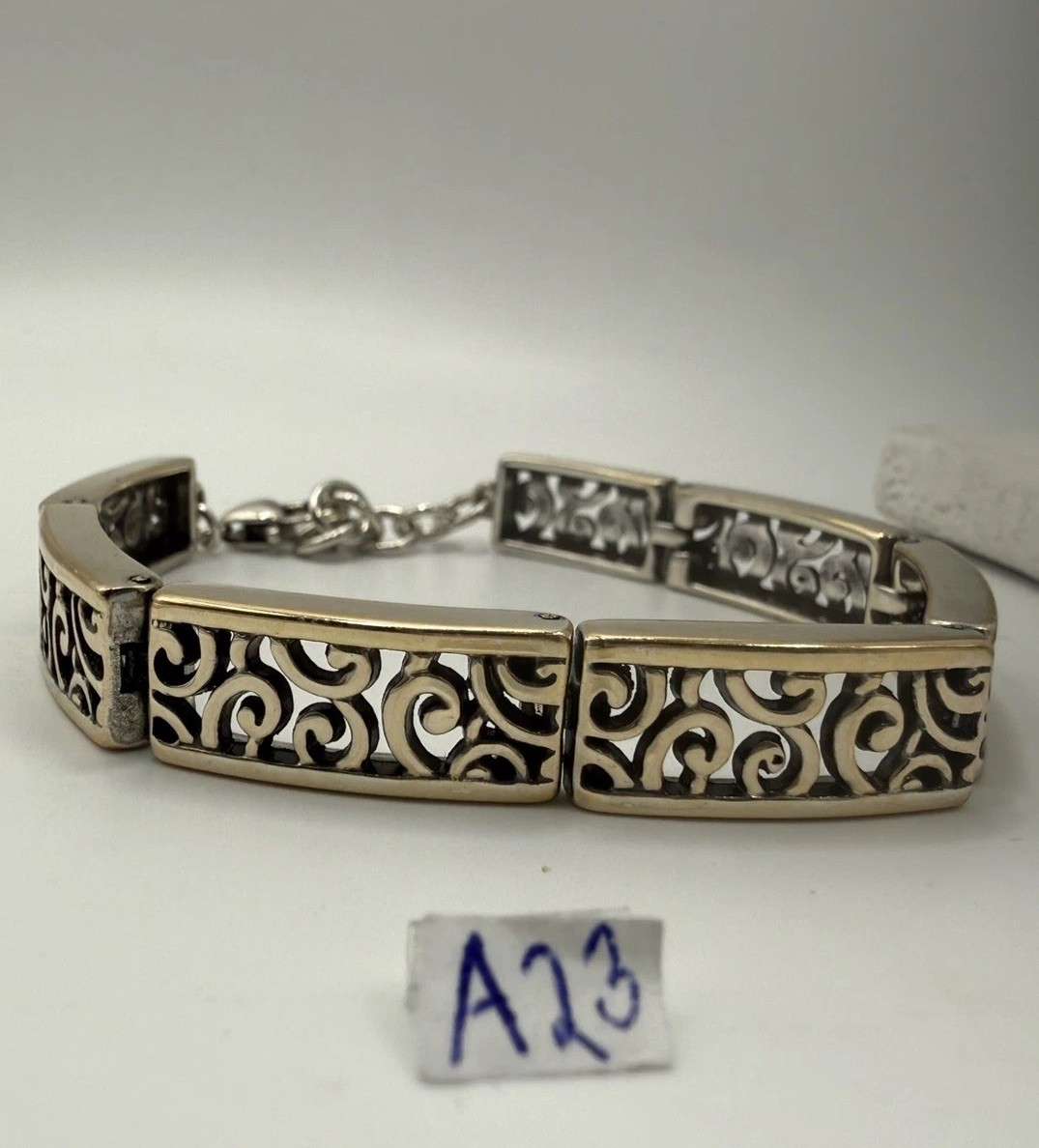 Brighton Two Tone Scroll Link Bracelet Silver Gold Heart Tag 7-8” Adjustable gallery