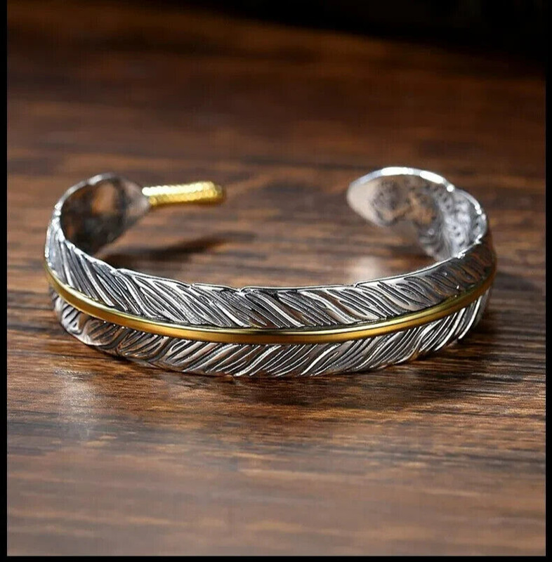 Men Vintage Silver Feather Cuff Bracelet Adjustable Wrist Bangle Bracelet Gift gallery