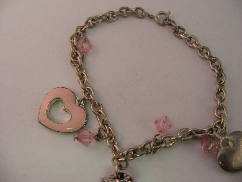 Silver Tone Charm Bracelet Pink Enamel Heart Flower Bouquet Dangle Crystal Beads gallery