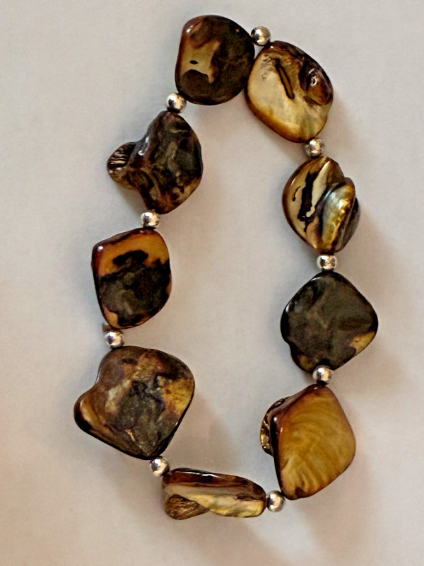 Seashell Stretch Bracelet Golden Brown Earthy with Silver-Tone Spacer Beads-Boho gallery