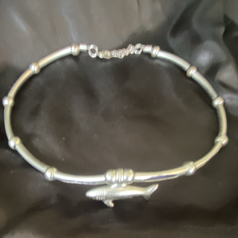 Pewter Shark Dangle Charm Bangle Necklace, Lobster Clasp, Vintage gallery