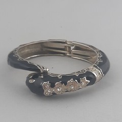 Black Enamel Gold Tone Snake Bangle with Crystals Clamper Ouroboros Goth Punk