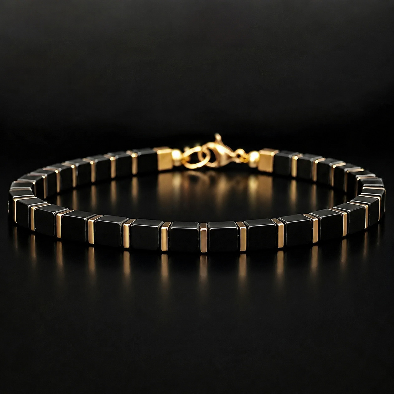 Genuine Black Onyx Bracelet Square Gemstone Beads Mens Womens Jewelry 7.8in gallery