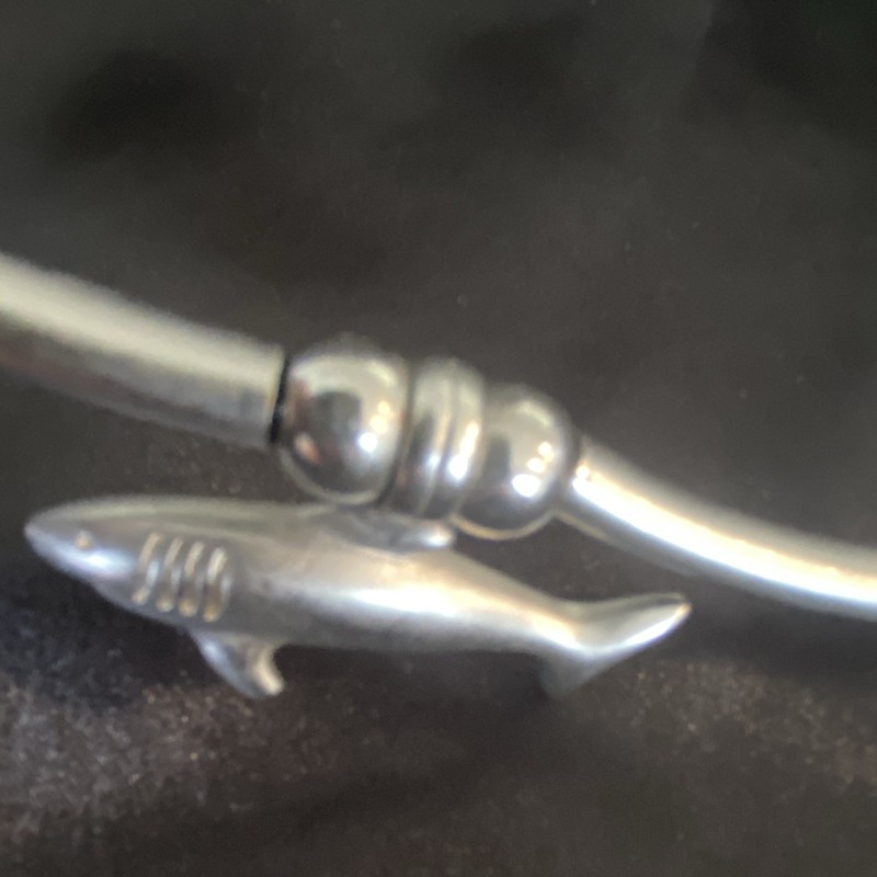 Pewter Shark Dangle Charm Bangle Necklace, Lobster Clasp, Vintage gallery