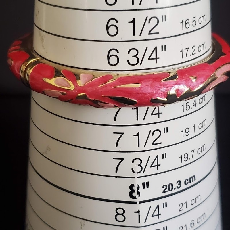 Vintage Pink and Red Enamel Gold Tone Hinged Bangle Bracelet Floral Abstract gallery