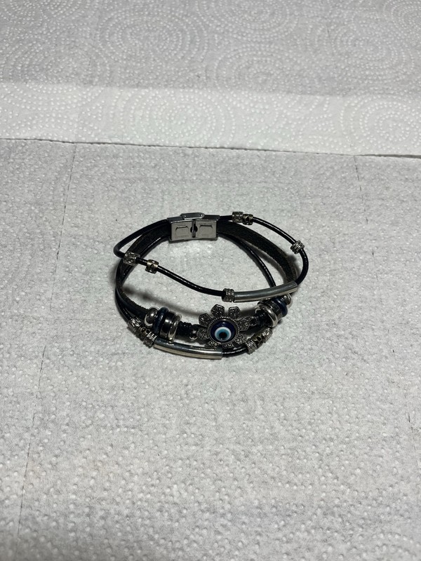 Evil Eye Black Leather Bracelet Silver Tone Flower Blue Charm Adjustable Buckle gallery