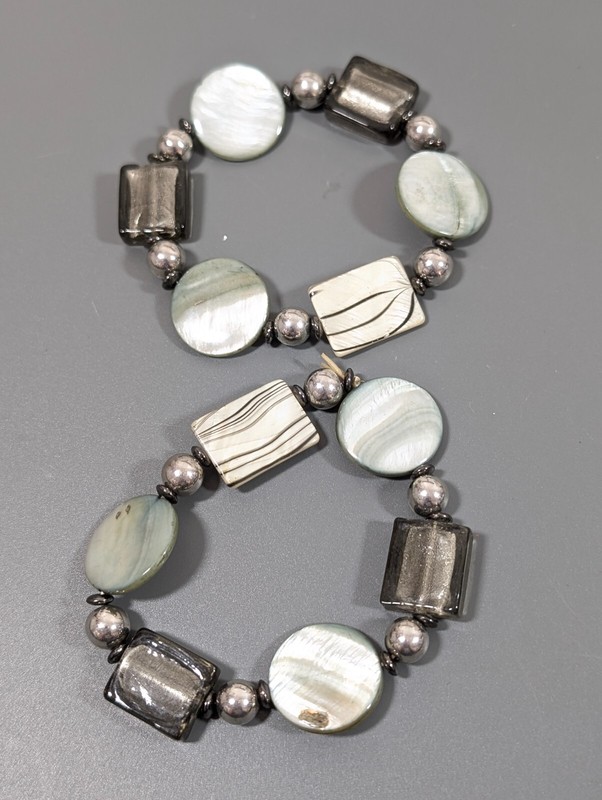 Set of 2 Gray Dichroic Glass Square Round Shell Stretch Bracelets Boho Coastal gallery