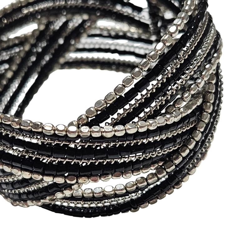 Elegant Silver Black Beaded Coil Cuff Bracelet Multi Layered Boho Chic Jewelry gallery