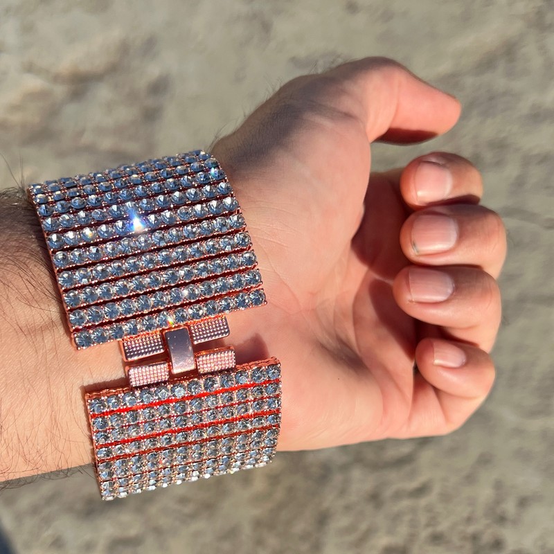 14K Rose Gold Plated Bracelet 12 Row Iced Simulated CZ Thick Heavy Pharaoh 9" gallery