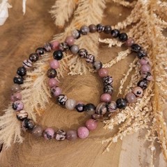 Natural Rhodonite Beads Bracelet Handmade Pink Black Gemstone Stretch Bracelet