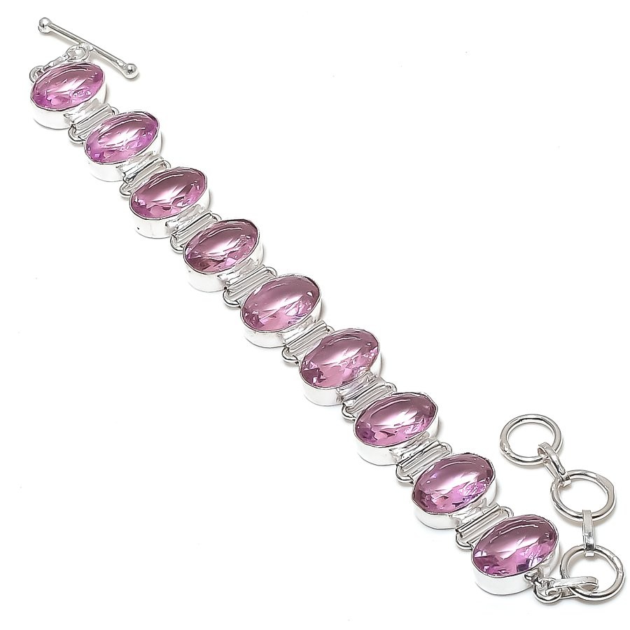 Pink Kunzite Gemstone Bracelet Oval Shape Handmade Adjustable Chain Jewelry 8" gallery