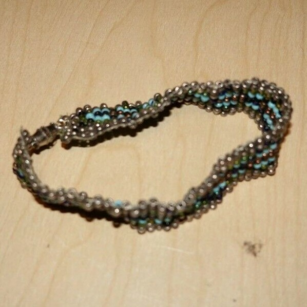 Beaded Bracelet Blue Gold Green Silver 5/8" Wide Screw In Closure 7" long gallery