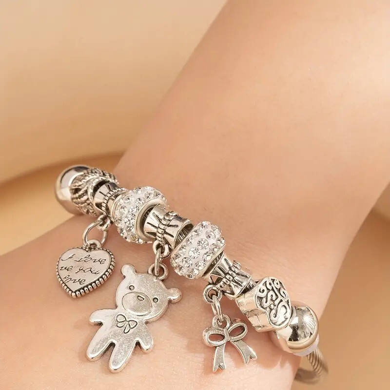 Elegant 925 Sterling Silver Fashion Charms Teddy Bear Heart Bracelet Bangle Cuff gallery