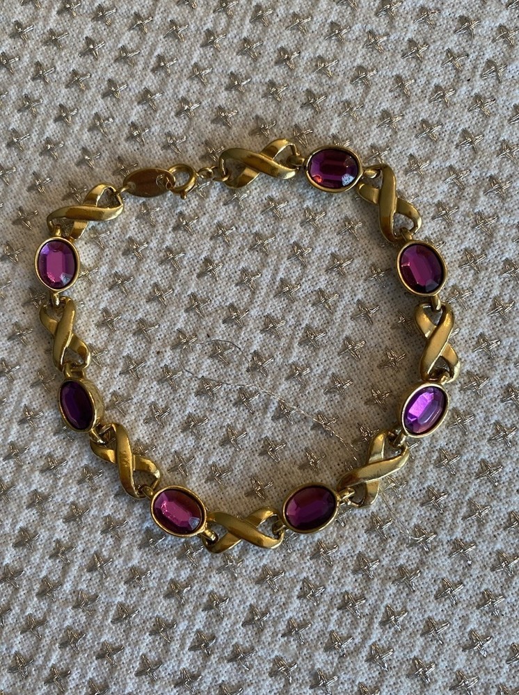 AVON Gold Tone & Amethyst Infinity Bracelet - VTG - Spring Ring Fashion Costume