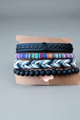 Set Of 4 Black Leather And Beaded Multicolor Woven Blue Braided Bracelet