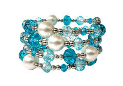 Light blue turquoise color coil bracelet with pearls, glass and silver beads New