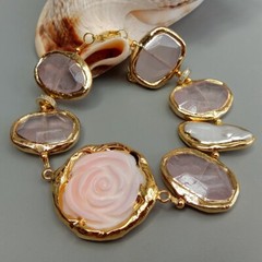 Natural Rose Quartz Faceted sea shell Flower White Biwa Pearl Bracelet