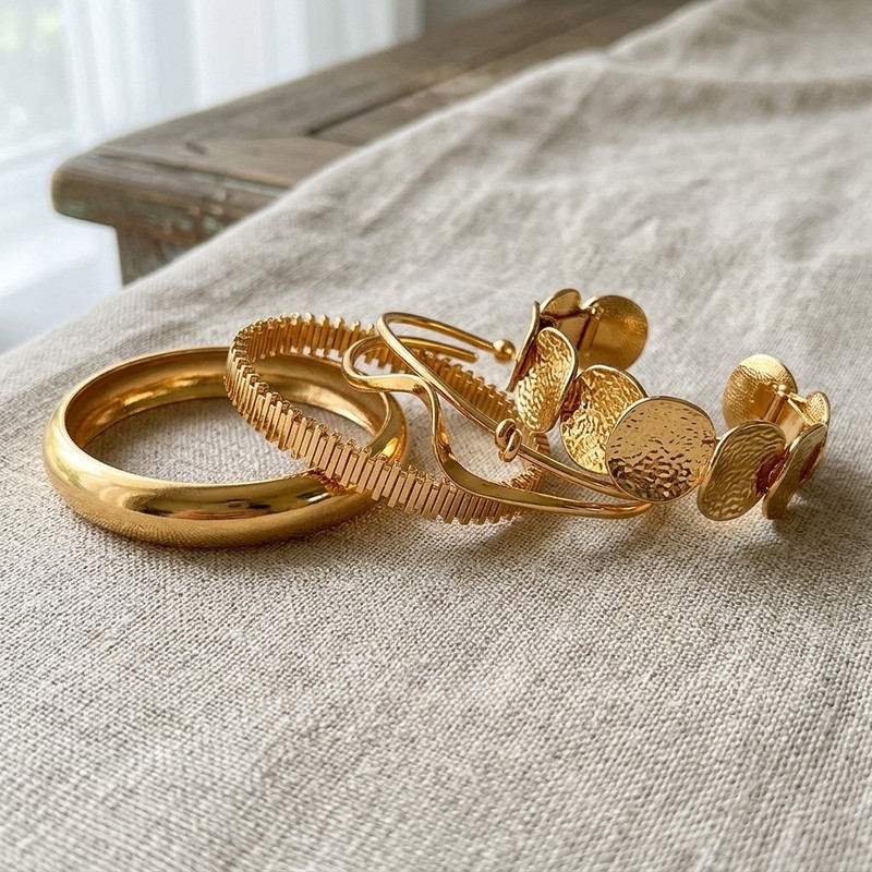 5Pcs Minimalist Gold Bangle Set, Stackable Open Cuff Bracelets for Women gallery
