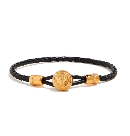 Versace Black Braided Leather Gold Color Medusa Head Bracelet sz XL gallery