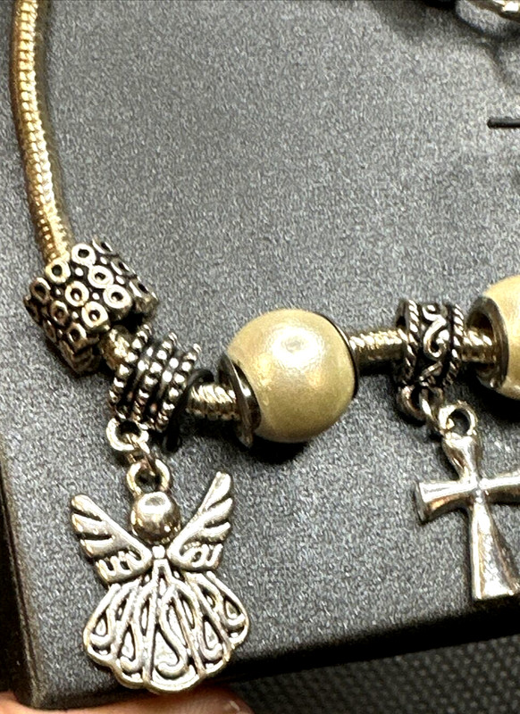 Charm Bracelet silver tone heart clasp Angel Cross religious love beaded gallery