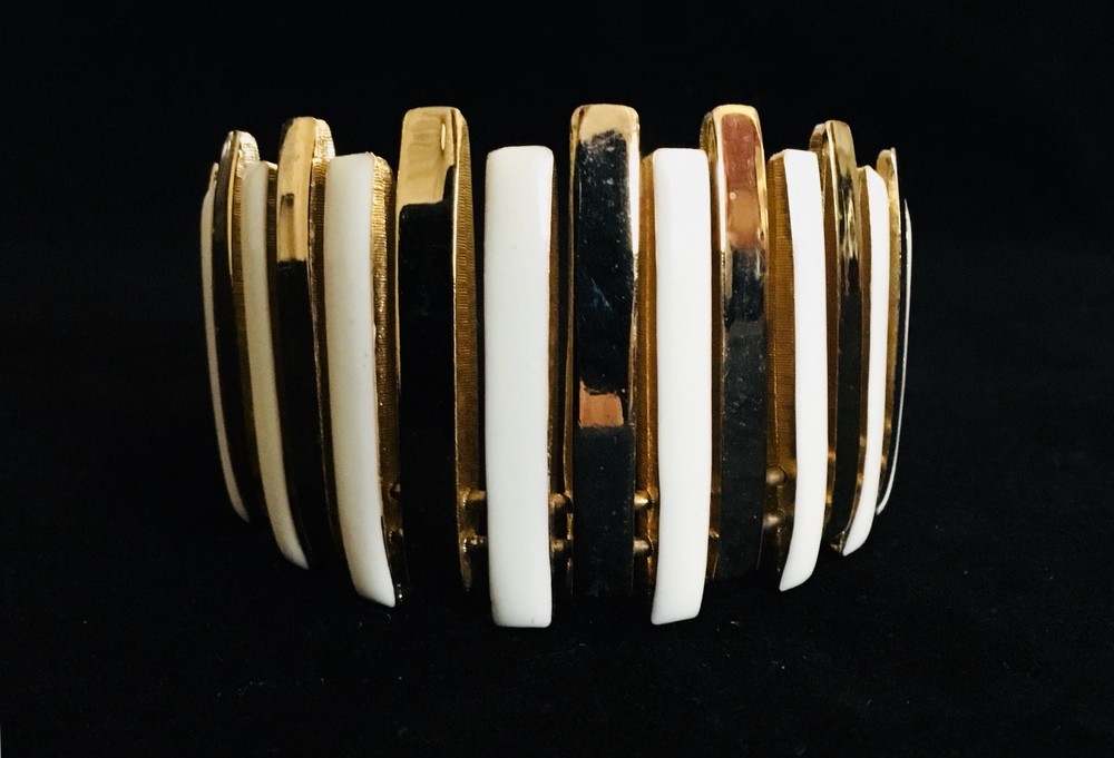 Gold And White Enamel Cuff Bracelet 1 5/8” In Height. 8” Wrist Size. (888)