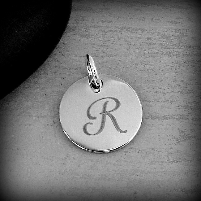 Stainless Steel Round Letter R Charm - Silver Cursive R Initial Disc Pendant gallery