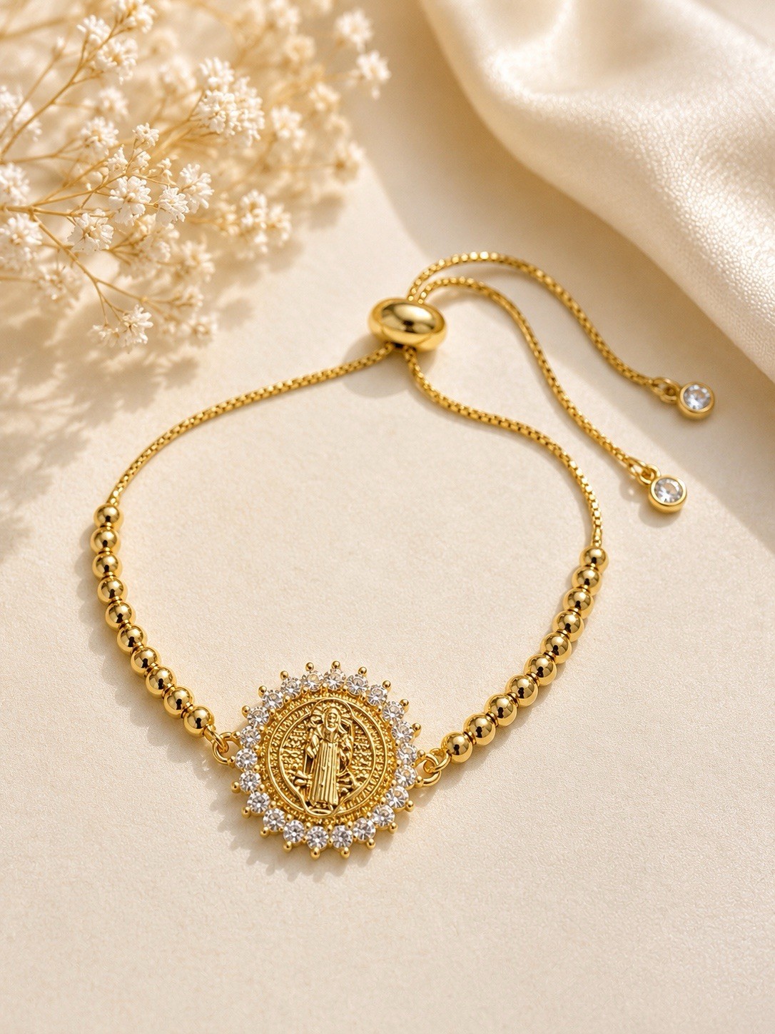 St Benedict Bracelet Religious Medallion Gold Plated Beaded Adjustable gallery
