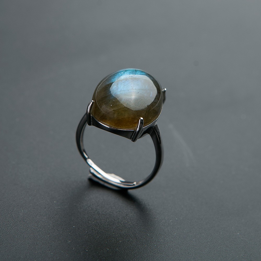 Natural Blue Labradorite Gemstone Woman Adjustable Beads Silver Ring 13*5mm AAAA gallery