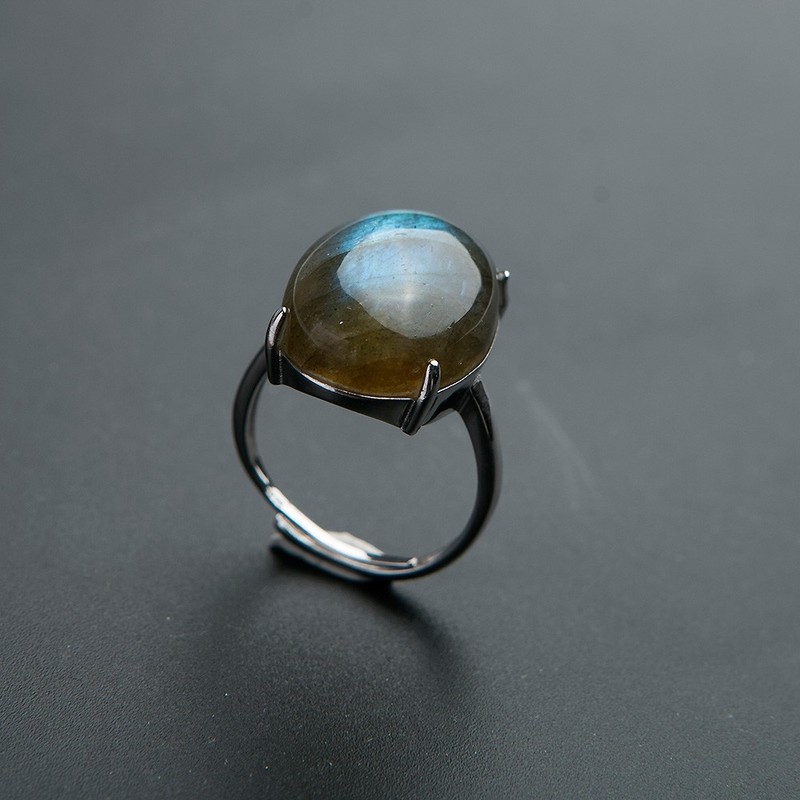 Natural Blue Labradorite Gemstone Woman Adjustable Beads Silver Ring 13*5mm AAAA gallery