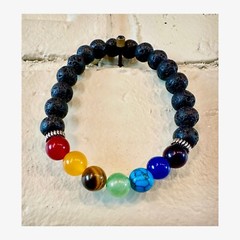 7 Chakra Lava Rock Unisex Bracelet, healing stress relief, essen. oil, w/ bag
