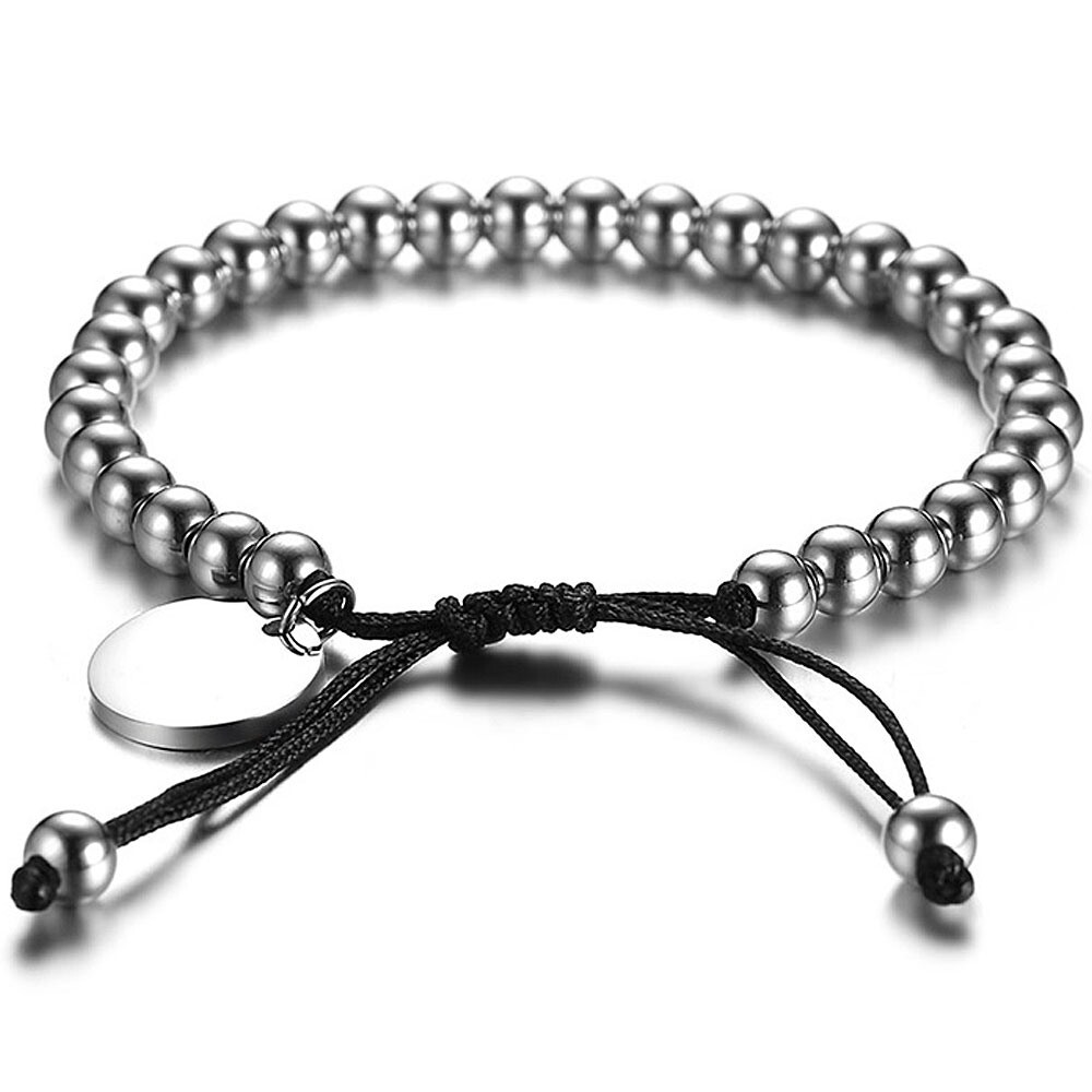 Engraved Stainless Steel Adjustable 6mm Bead Black String Bracelet gallery