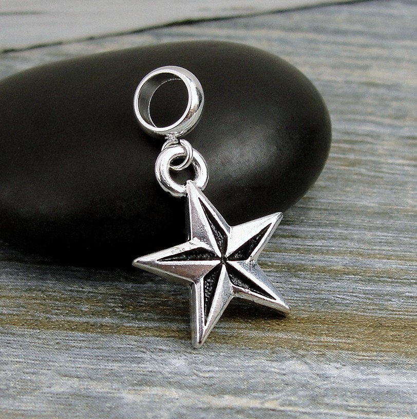 Silver Nautical Star Dangle Bead Charm - North Star Charm for European Bracelets
