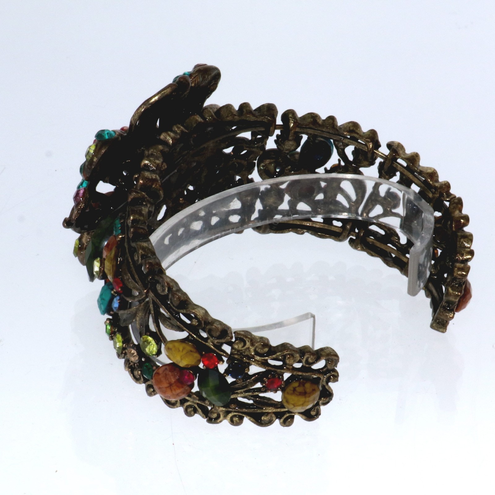 Antique Brass Finish Chunky Flower Statement Cuff Bracelet Rhinestone 2" Wide gallery