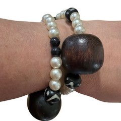 Boho Pearl and Wood Bead Multi Strand Wrap Bracelet Brown Cream Chunky