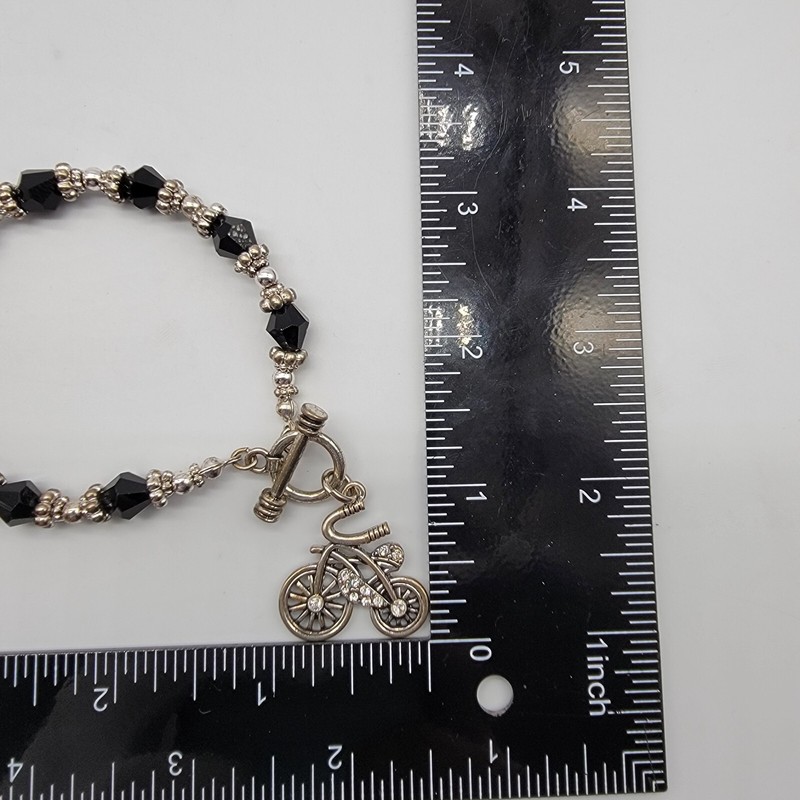 Bicycle Charm Beaded Bracelet Black Bicone Beads Silver Tone Simple Boho 7" * gallery