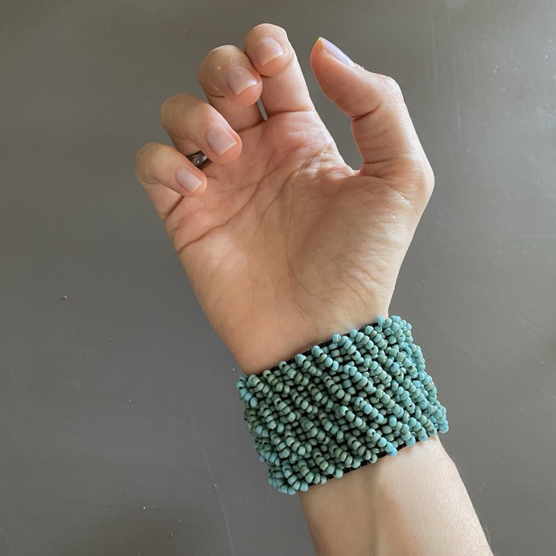 Turquoise Blue Glass Seed Bead Wood Stretch Bracelet Boho 4.5 cm Wide 21 cm Long gallery
