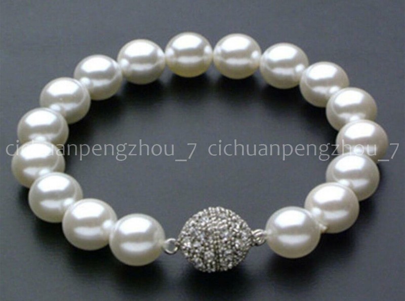 8/10/12/14mm White South Sea Shell Pearl Round Beads Bracelet 7.5'' Magnet Clasp gallery