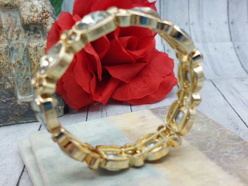 Awesome Bracelet Gold Tone Strech Large Faceted Amber Color Rhinestones gallery