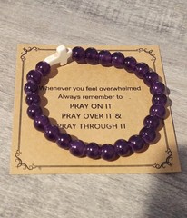 Purple Glass Christian Cross Beaded Stretch Bracelet with Inspirational Card