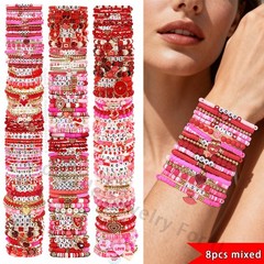 8/16/32P Valentine Stackable Beaded Pink Love Heart Elastic Bracelet for Women