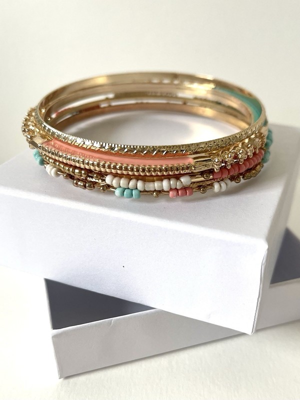 3” Gold/Coral Pink/Teal Aqua Bangle Bracelets, 8” in Diameter, 5PC, Set of 5 gallery