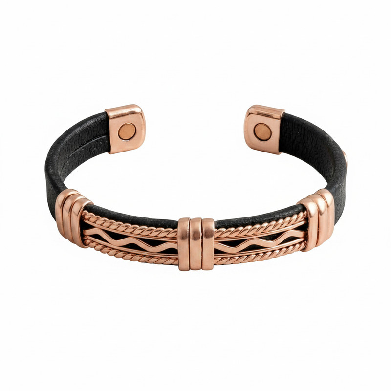 Solid Copper Leather Wrapped Magnetic Bracelet Arthritis Pain Therapy Cuff V gallery