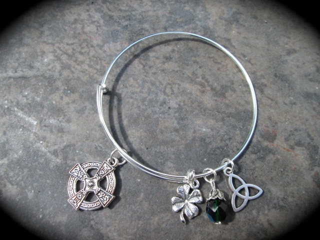 Celtic Cross Adjustable Bangle Bracelet with Celtic knot Shamrock charms Irish gallery