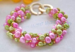 4 Rows 8-9mm Pink Green Baroque Freshwater Cultured Pearl Cluster Bracelet 8 in