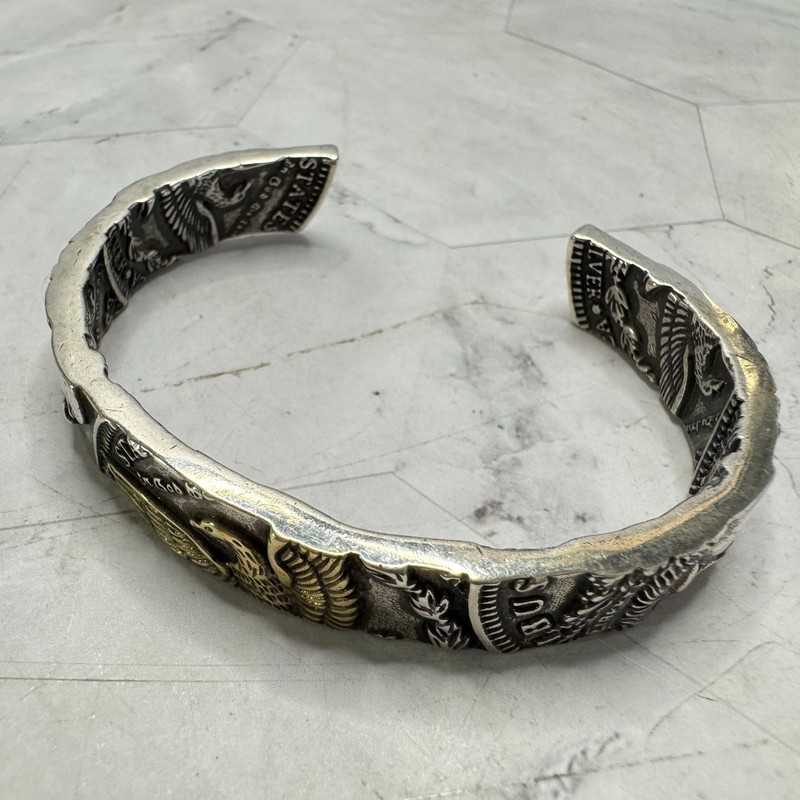 Faux Morgan Dollar Coin Cuff Bracelet Silver & Gold Tone Eagle 6" Double Sided gallery