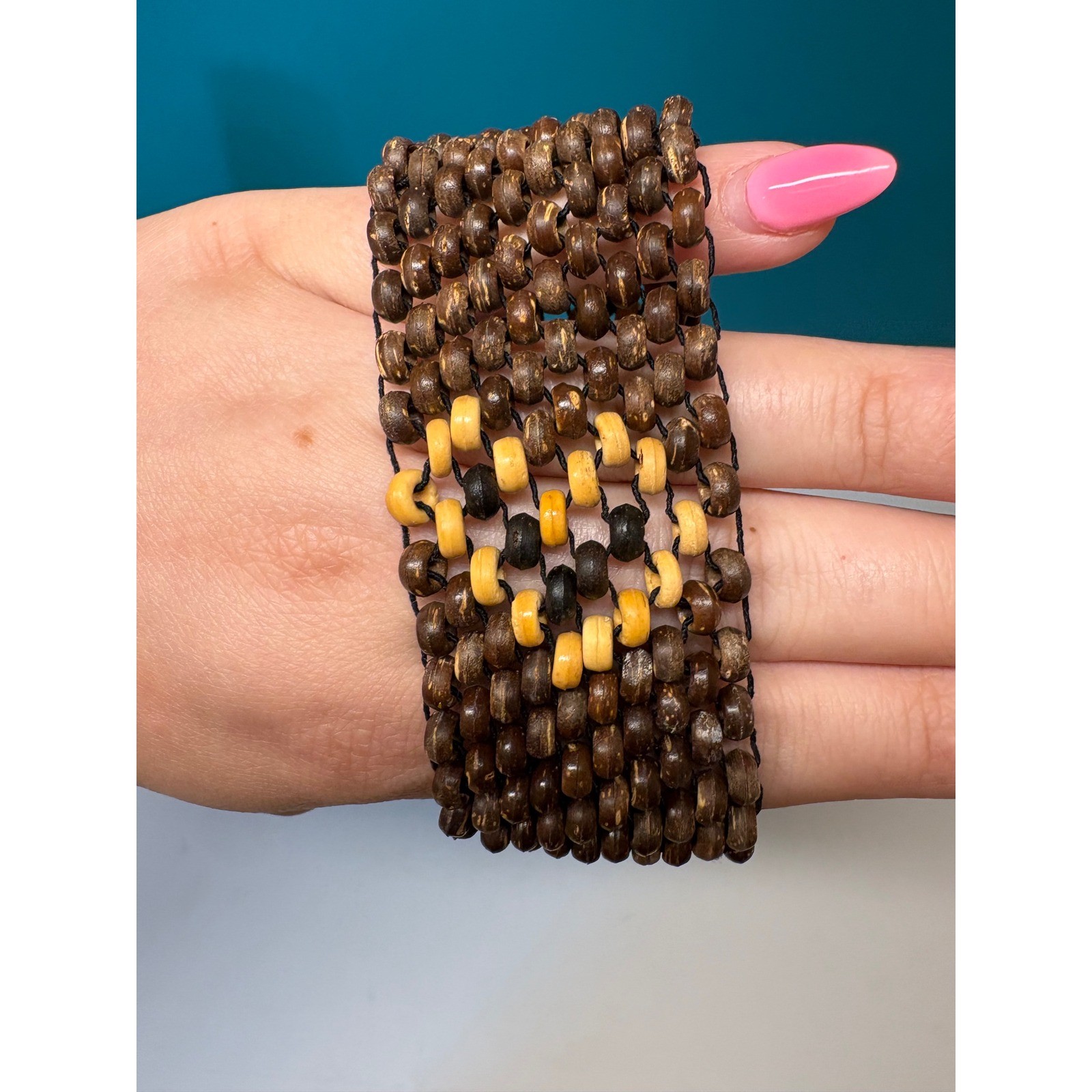 Handmade Wood Bead Stretch Cuff Bracelet Brown Heart Motif Wide Boho gallery